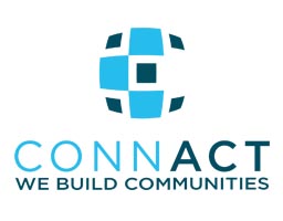 Connact-Logo mit geometrischen Formen und Slogan „We build communities“ in Blau und Schwarz