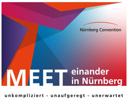 Farbiges Logo von Nürnberg Convention mit dem Slogan: "Meet einander in Nürnberg - unkompliziert, unaufgeregt, unerwartet"