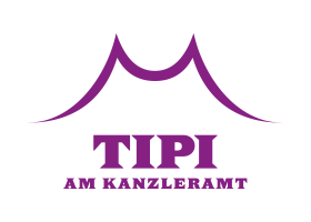 Lila Logo des Theaters TIPI AM KANZLERAMT mit einer stilisierten Zeltform über dem Schriftzug