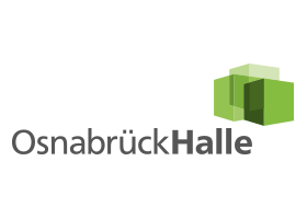 Logo der OsnabrückHalle mit grünem Gebäudedesign auf der rechten Seite und Schriftzug links