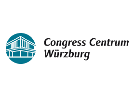 Logo des Congress Centrums Würzburg mit stilisiertem Gebäude in einem blauen Kreis neben dem Text