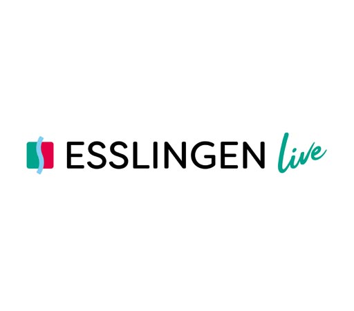 Logo von Esslingen live mit stilisierten Klammern in Türkis und Rot sowie Schriftzug in Schwarz und Türkis