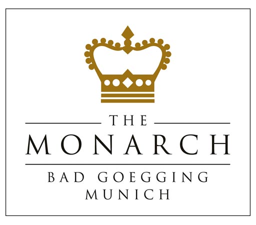 Logo von The Monarch Hotel mit goldener Krone und Schriftzug Bad Gögging Munich auf weißem Hintergrund