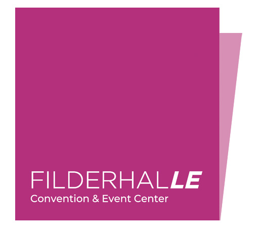 Logo Filderhalle Convention & Event Center mit weißer Schrift auf magentafarbenem Hintergrund