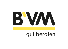 B'VM-Logo mit schwarzem Text "gut beraten" darunter und einem gelben Akzent zwischen den Buchstaben