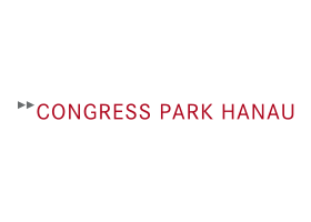 Logo von Congress Park Hanau mit rotem Schriftzug und zwei grauen Pfeilen auf weißem Hintergrund