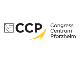 Logo des Congress Centrums Pforzheim mit den Buchstaben CCP und einem gelben Pfeil nach rechts