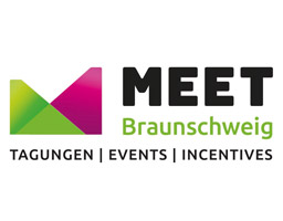 MEET Braunschweig Logo mit Slogan: Tagungen, Events, Incentives. Grün-rosa Farbakzente