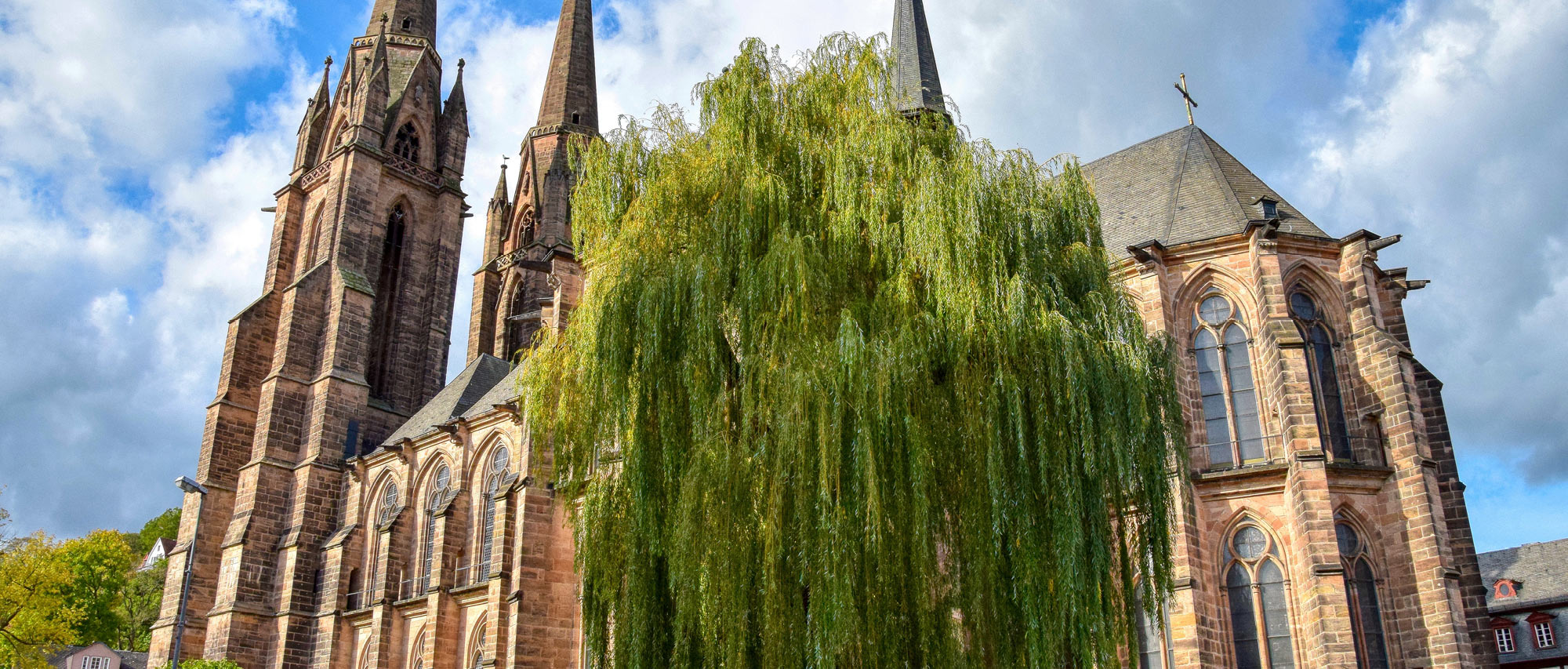 Gotische Kirche mit hohen Türmen und großen Fenstern, davor eine üppige grüne Weide vor blauem Himmel