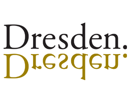 Schwarzes "Dresden." darüber, goldene spiegelverkehrte Version darunter, auf weißem Hintergrund