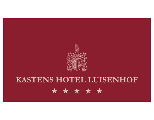Logo von Kastens Hotel Luisenhof auf bordeauxrotem Hintergrund mit fünf weißen Sternen und Wappen