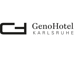 Logo des GenoHotel Karlsruhe mit stilisiertem schwarzen GH-Emblem und Schriftzug in schwarzer Schrift